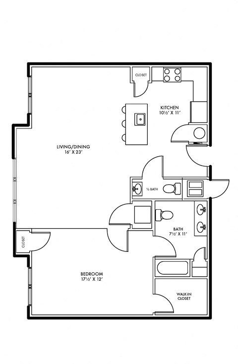 The Venice - One Bedroom One and a half Bathroom Floor Plan at The Lofts at Middlesex, Middlesex